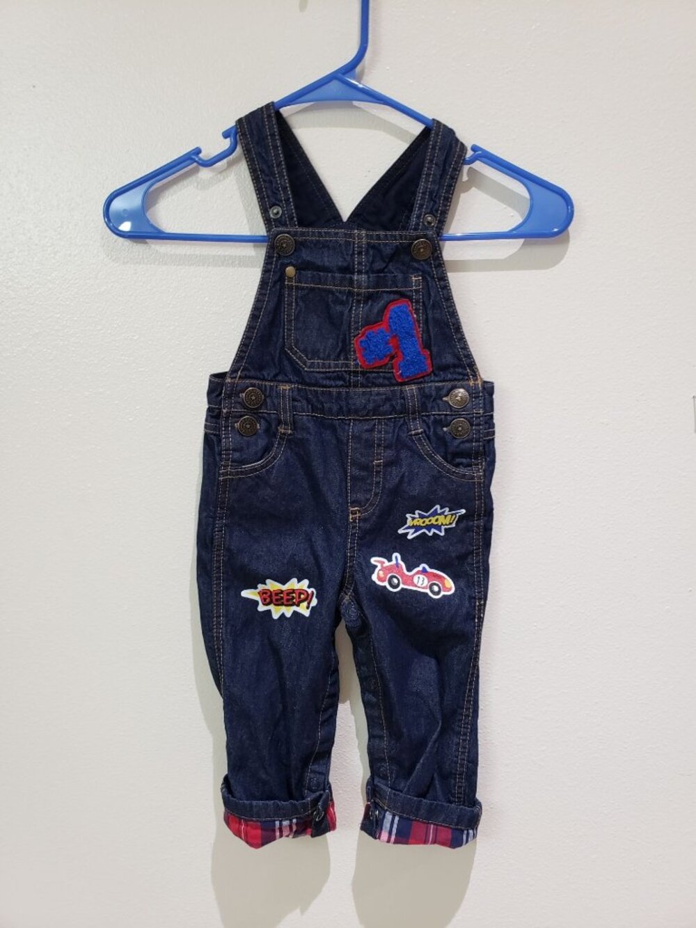 Boys Rock 100% cotton, plaid cuff, straight leg, Denim Overalls, boy size 18M